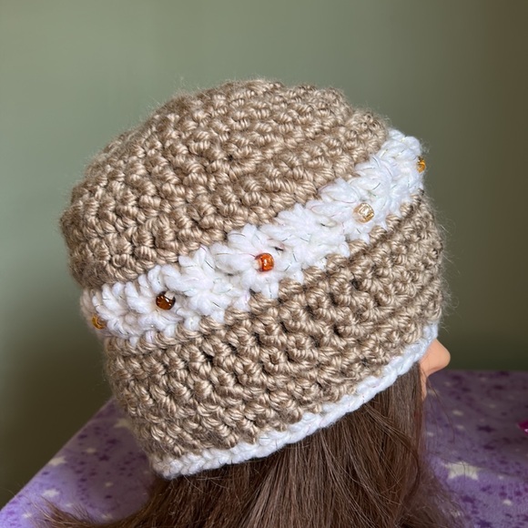 2 for $23.00 set Elegant  Crochet Beanie in golden satin acrylic yarn medium - Picture 4 of 7